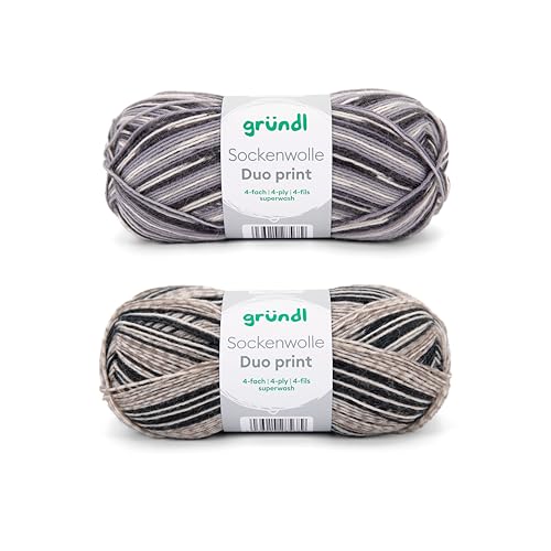 Gründl Sockenwolle Duo Strickset aus 2 x 100 g Sockengarn (75% Schurwolle (superwash), 25% Polyamid) + Anleitung, grau-hellgrau-schwarz von Gründl