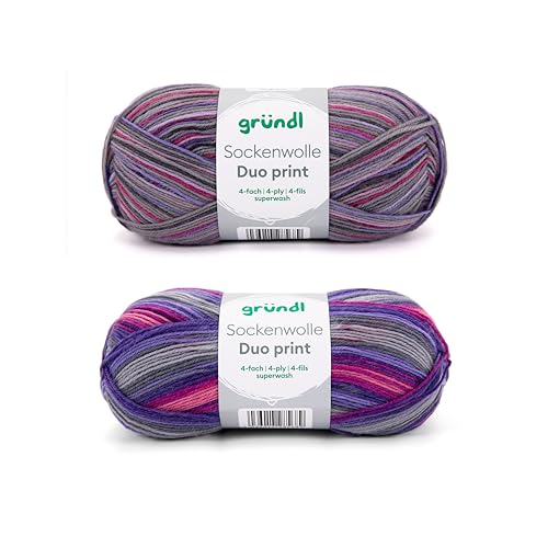 Gründl Sockenwolle Duo Strickset aus 2 x 100 g Sockengarn (75% Schurwolle (superwash), 25% Polyamid) + Anleitung, lila-violett von Gründl