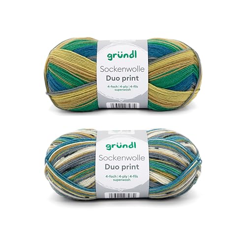 Gründl Wolle Sockenwolle Duo - Strickset 2 x 100 g + Anleitung - Sockengarn - Hautfreundlich & weich - 75% Schurwolle, 25% Polyamid - olive-blau von Gründl