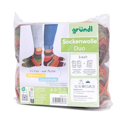 Gründl Sockenwolle Duo Strickset aus 2 x 100 g Sockengarn (75% Schurwolle (superwash), 25% Polyamid) + Anleitung, orange-grün-braun von Gründl