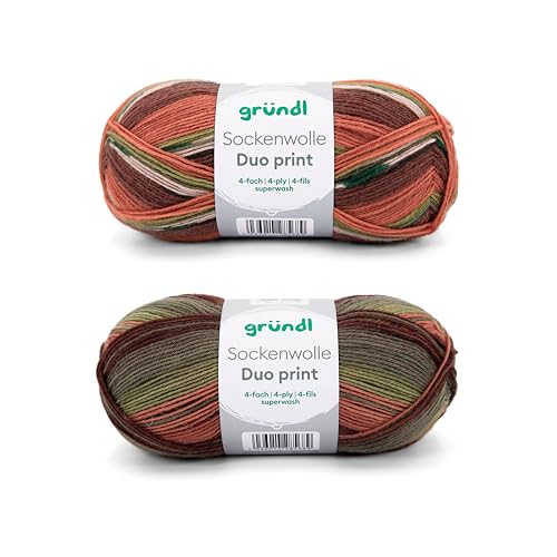 Gründl Sockenwolle Duo Strickset aus 2 x 100 g Sockengarn (75% Schurwolle (superwash), 25% Polyamid) + Anleitung, orange-grün-braun von Gründl