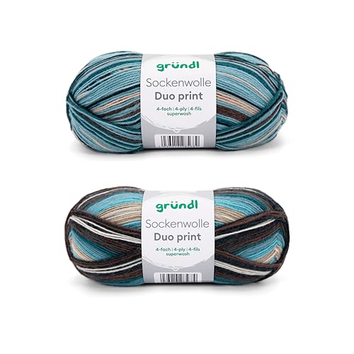 Gründl Sockenwolle Duo Strickset aus 2 x 100 g Sockengarn (75% Schurwolle (superwash), 25% Polyamid) + Anleitung, türkis-blau von Gründl