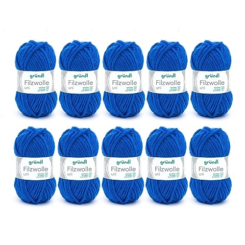 Gründl Filzwolle uni (Wolle zum Filzen, Stricken und Häkeln, Garn aus 100% Schurwolle, 50 g / 50 m, Nadelstärke: 8-9, 10 x 50 g), Royalblau von Gründl