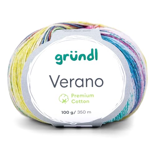 Gründl Verano, Sommergarn, Baumwollgarn, 100g, 350m Lauflänge, Stricknadel 2,5-3,5mm, Farbverlauf (02 zitrone-weiß-königsblau) von Gründl