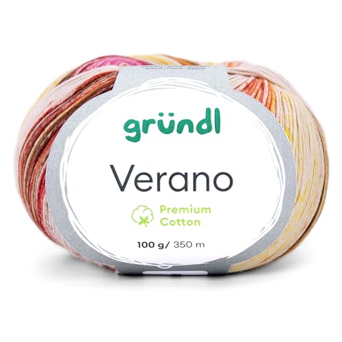 Gründl Verano, Sommergarn, Baumwollgarn, 100g, 350m Lauflänge, Stricknadel 2,5-3,5mm, Farbverlauf (03 kaminrot-wollweiß-safrangelb) von Gründl