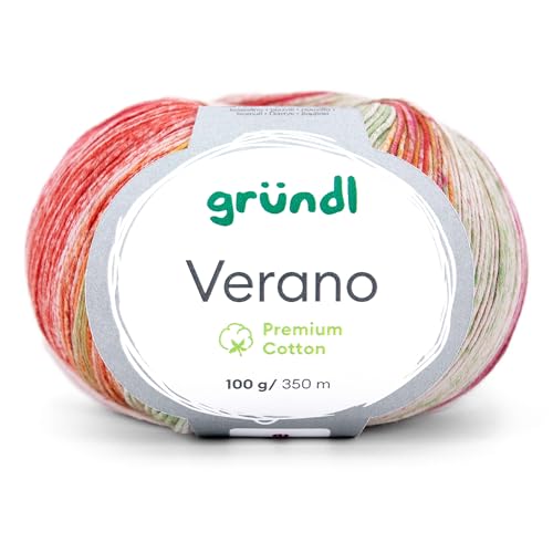 Gründl Verano, Sommergarn, Baumwollgarn, 100g, 350m Lauflänge, Stricknadel 2,5-3,5mm, Farbverlauf (04 orange-rot-wollweiß) von Gründl