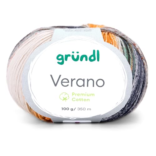 Gründl Verano, Sommergarn, Baumwollgarn, 100g, 350m Lauflänge, Stricknadel 2,5-3,5mm, Farbverlauf (05 anthrazit-weiß-ocker) von Gründl