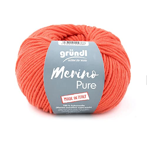 Gründl Wolle 50 Gramm Merino Pure, aus 100% Schurwolle, Merino Extrafine Superwash, zum Stricken oder Häkeln (12 Lachsorange) von Gründl