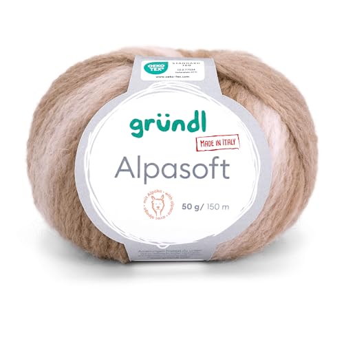 Gründl Wolle Alpasoft, Alpakawolle mit Farbverlauf, Häkelwolle, Strickgarn, 63% Alpaka 37% Polyamid, 50g/150 m, Nadelstärke 6-7 mm (01 beige natur) von Gründl