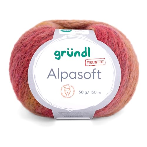 Gründl Wolle Alpasoft, Alpakawolle mit Farbverlauf, Häkelwolle, Strickgarn, 63% Alpaka 37% Polyamid, 50g/150 m, Nadelstärke 6-7 mm (02 ocker-orange) von Gründl