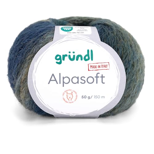 Gründl Wolle Alpasoft, Alpakawolle mit Farbverlauf, Häkelwolle, Strickgarn, 63% Alpaka 37% Polyamid, 50g/150 m, Nadelstärke 6-7 mm (03 blau-grün) von Gründl