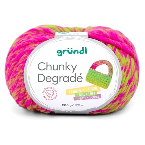 Gründl Wolle Chunky Degradé, dicke Häkelwolle, Strickgarn mit Farbverlauf gelb grün pink, 200g 120m, 100% Wolle mulesingfrei, Nadelstärke 12mm (03) von Gründl