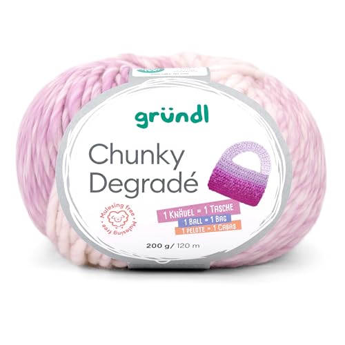 Gründl Wolle Chunky Degradé, dicke Häkelwolle, Strickgarn mit Farbverlauf rosa pink, 200g 120m, 100% Wolle mulesingfrei, Nadelstärke 12mm (02) von Gründl