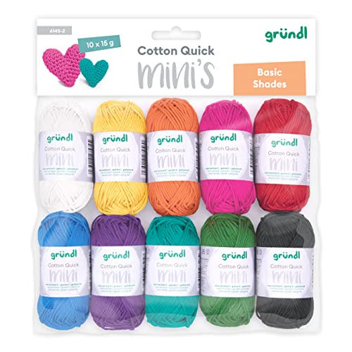 Gründl Wolle Cotton Quick Mini Basic Shades Set zum Stricken und Häkeln 10 x 15 g, 100% Baumwolle, 15 g / 37 m, Bunt von Gründl