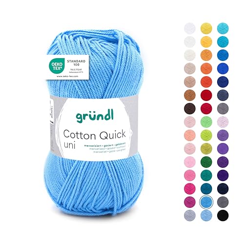 Gründl Wolle Cotton Quick uni Garn zum Stricken & Häkeln aus 100 % Baumwolle, 1 Knäuel 50 g / 125 m, Häkelgarn/ Strickgarn , Hellblau von Gründl