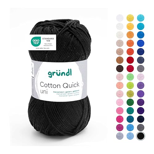 Gründl Wolle Cotton Quick uni - Wolle zum Häkeln aus 100 % Baumwolle - Wolle zum Stricken - glänzendes Baumwollgarn 1 Knäuel 50 g / 125 m - Schwarz von Gründl