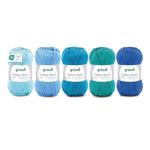 Gründl Wolle Cotton Quick uni Garn zum Stricken und Häkeln aus 100% Baumwolle, 5 Knäuel 50 g / 125 m, Häkelgarn/Baumwollgarn, Hellblau-Blau-Mix von Gründl