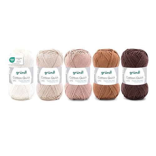 Gründl Wolle Cotton Quick uni - Wolle zum Häkeln aus 100% Baumwolle - Wolle zum Stricken - Baumwollgarn 5 Knäuel 50 g / 125 m - Weiß-Beige-Braun von Gründl