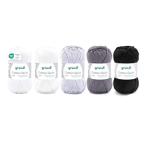 Gründl Wolle Cotton Quick uni - Wolle zum Häkeln aus 100% Baumwolle - Wolle zum Stricken - Baumwollgarn 5 Knäuel 50 g / 125 m - Weiß-Grau-Schwarz von Gründl