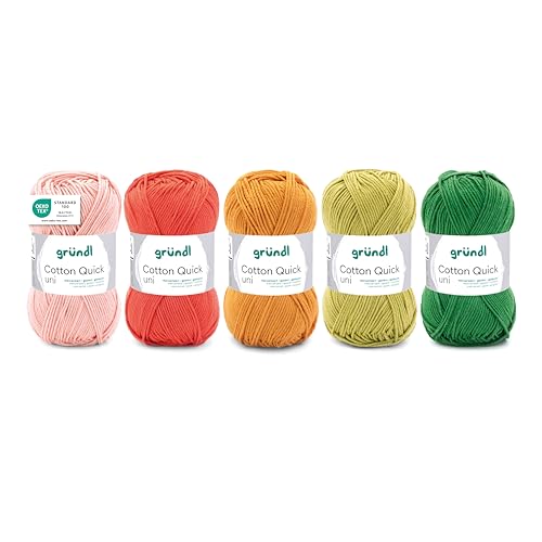 Gründl Wolle Cotton Quick uni - Wolle zum Häkeln aus 100% Baumwolle - Wolle zum Stricken - Baumwollgarn 5 Knäuel 50 g / 125 m - Orange-Gelb-Grün von Gründl