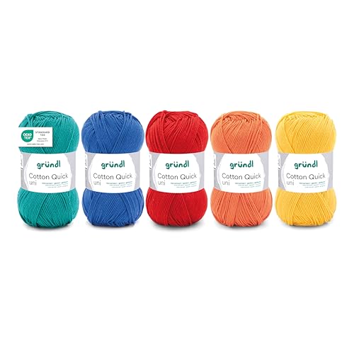 Gründl Wolle Cotton Quick uni Garn zum Stricken und Häkeln aus 100% Baumwolle, 5 Knäuel 50 g / 125 m, Häkelgarn/Strickgarn/Baumwollgarn, Bunt-Mix von Gründl