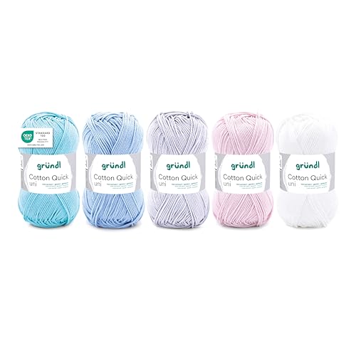 Gründl Wolle Cotton Quick uni - Wolle zum Häkeln aus 100% Baumwolle - Wolle zum Stricken - glänzendes Baumwollgarn 5 Knäuel 50 g / 125 m - Pastell-Mix von Gründl