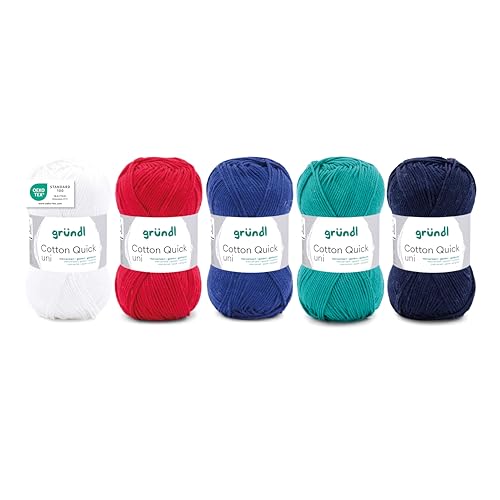 Gründl Wolle Cotton Quick uni - Wolle zum Häkeln aus 100% Baumwolle - Wolle zum Stricken - glänzendes Baumwollgarn 5 Knäuel 50 g / 125 m - Maritim-Mix von Gründl