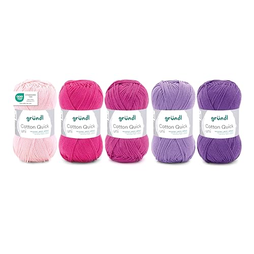 Gründl Wolle Cotton Quick uni Garn zum Stricken und Häkeln aus 100% Baumwolle, 5 Knäuel 50 g / 125 m, Strickgarn/Baumwollgarn, Rosa-Pink-Lila-Mix von Gründl