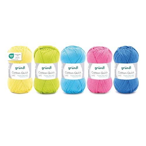 Gründl Wolle Cotton Quick uni - dünne Wolle zum Häkeln - Strickgarn - Häkelgarn - Glänzend und hautfreundlich - 100% Baumwolle - 5 Knäuel 50 g / 125 m - Nadelstärke 3-4 - Sommer-Mix Gründl Wolle Cotton Quick uni - dünne Wolle zum Häkeln - Strickgarn - Häkelgarn - Glänzend und hautfreundlich - 100% Baumwolle - 5 Knäuel 50 g / 125 m - Nadelstärke 3-4 - Sommer-Mix von Gründl