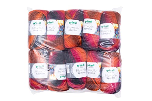 Gründl Wolle Filzwolle Spectra, (OEKO-TEX zertifiziert, 100% Schurwolle zum Filzen, 100 g / 100 m, 10 Knäuel á 100 g), vulcano multicolor von Gründl