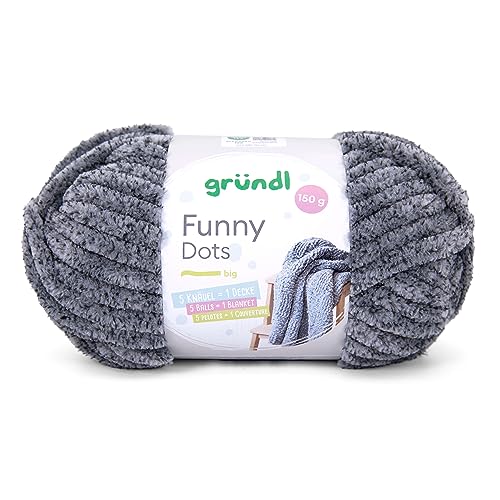 Gründl Wolle Funny Dots Strick- & Häkelgarn (weiches samtartiges Chenille-Garn aus 100% Polyester, 1 x 150 g / 60 m, Nadelstärke: 9-10), anthrazit-schwarz von Gründl