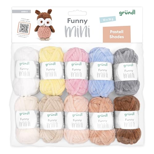 Gründl Wolle Funny Mini Pastell Shades Chenille Miniknäuel, Häkelset 10 x 15 g, Plüschwolle zum Häkeln aus 100% Polyester, pastell von Gründl