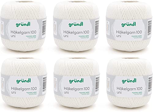 Gründl Wolle Häkelgarn 100 aus 100 % Baumwolle, 6 x 100 g Knäuel, Nadelstärke 1,5 - 2, 6, 100 g / 566 m, dünnes Garn zum Häkeln, Baumwollgarn, creme von Gründl