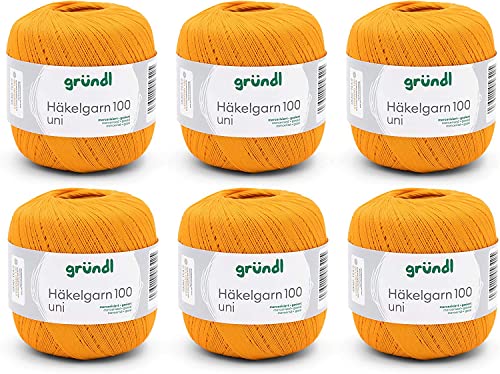 Gründl Wolle Häkelgarn 100 aus 100 % Baumwolle, 6 x 100 g Knäuel, Nadelstärke 1,5 - 2, 6, 100 g / 566 m, dünnes Garn zum Häkeln, Baumwollgarn, orange von Gründl