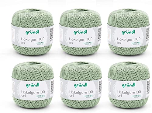 Gründl Wolle Häkelgarn 100 aus 100 % Baumwolle, 6 x 100 g Knäuel, Nadelstärke 1,5 - 2, 6, 100 g / 566 m, dünnes Garn zum Häkeln, Baumwollgarn, pistazie von Gründl