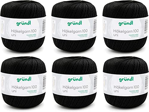 Gründl Wolle Häkelgarn 100 aus 100 % Baumwolle, 6 x 100 g Knäuel, Nadelstärke 1,5 - 2, 6, 100 g / 566 m, dünnes Garn zum Häkeln, Baumwollgarn, schwarz von Gründl