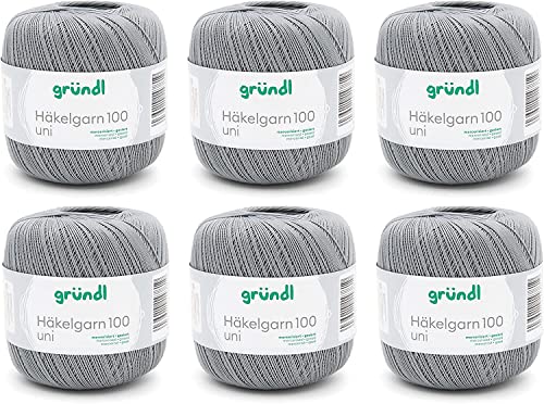 Gründl Wolle Häkelgarn 100 aus 100 % Baumwolle, 6 x 100 g Knäuel, Nadelstärke 1,5 - 2, 6, 100 g / 566 m, dünnes Garn zum Häkeln, hellgrau von Gründl