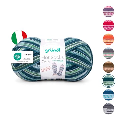 Gründl Wolle Hot Socks Como, Sockenwolle/Sockengarn 4-fach 1 Knäuel 100 g / 420 m (75% Schurwolle (superwash), 25% Polyamid), blautanne-mit-lindgrün-weiß von Gründl