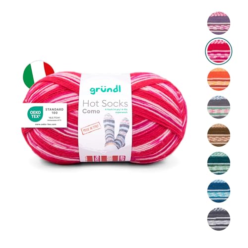 Gründl Wolle Hot Socks Como, Sockenwolle/Sockengarn 4-fach 1 Knäuel 100 g / 420 m (75% Schurwolle (superwash), 25% Polyamid), himbeeren-fuchsia-kirschrot-weiß von Gründl