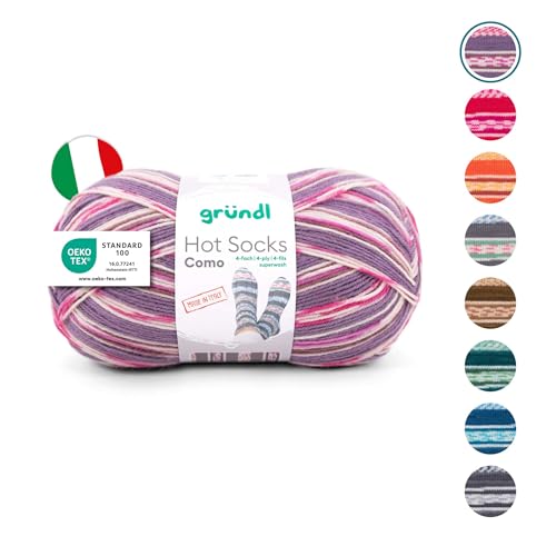 Gründl Wolle Hot Socks Como, Sockenwolle/Sockengarn 4-fach 1 Knäuel 100 g / 420 m (75% Schurwolle (superwash), 25% Polyamid), mauve-fuchsia-braun-weiß von Gründl