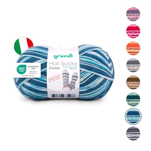 Gründl Wolle Hot Socks Como, Sockenwolle/Sockengarn 4-fach 1 Knäuel 100 g / 420 m (75% Schurwolle (superwash), 25% Polyamid), nachtblau-aqua-jeans-weiß von Gründl