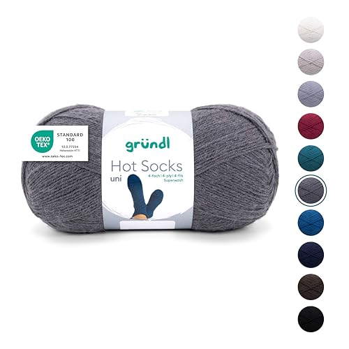 Gründl Wolle Hot Socks uni 100, Sockenwolle/Sockengarn 4-fach 1 Knäuel 100 g / 420 m (75% Schurwolle (superwash), 25% Polyamid), anthrazit von Gründl