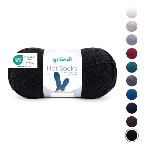 Gründl Wolle Hot Socks uni 100, Sockenwolle/Sockengarn 4-fach 1 Knäuel 100 g / 420 m (75% Schurwolle (superwash), 25% Polyamid), schwarz von Gründl