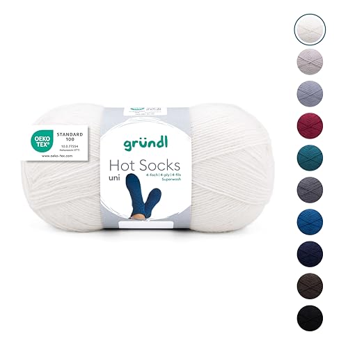 Gründl Wolle Hot Socks uni 100, Sockenwolle/Sockengarn 4-fach 1 Knäuel 100 g / 420 m (75% Schurwolle (superwash), 25% Polyamid), weiß von Gründl