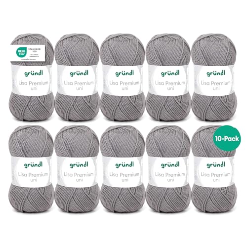 Gründl Lisa Premium Uni Strick- & Häkelgarn (weicher und wollartiger Charakter, pflegeleichtes Strickgarn aus 100% Polyacryl, 50 g/ 133 m, Nadelstärke: 3,5 - 4,5, 10 Knäuel á 50 g), Kieselgrau von Gründl