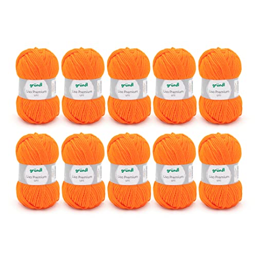 Gründl Wolle Lisa Premium Uni Neonorange - 10 x 50g - Strickgarn - Häkelgarn - 100% Polyacryl - Superweich & Pflegeleicht - Nadelstärke 3,5-4,5 von Gründl