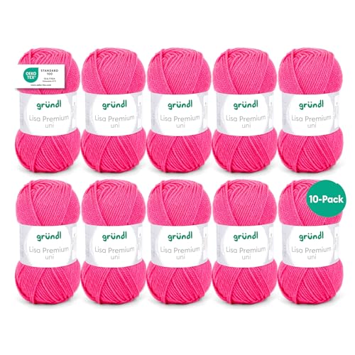 Gründl Wolle Lisa Premium Uni Neonpink - 10 x 50g - Strickgarn - Häkelgarn - 100% Polyacryl - Superweich & Pflegeleicht - Nadelstärke 3,5-4,5 von Gründl