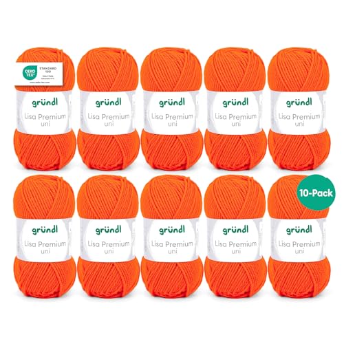 Gründl Wolle Lisa Premium Uni - 10 x 50g - Strickgarn - Häkelgarn - 100% Polyacryl - Superweich & Pflegeleicht - Nadelstärke 3,5-4,5 - Orange von Gründl