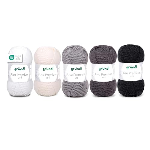 Gründl Wolle Lisa Premium uni, Garn zum Stricken und Häkeln aus 100% Polaycryl, 50 g / 133 m, 5 x 50 g Knäuel, Strickset/Häkelset, Weiß-Grau-Schwarz von Gründl