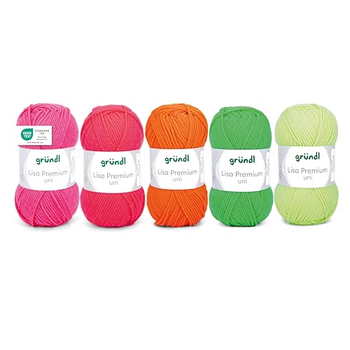 Gründl Wolle Lisa Premium uni 5 x 50 g - Wolle zum Stricken - Wolle zum Häkeln - 100% Polyacryl - Weich und Pflegeleicht -Neon-Pink-Orange-Gelb-Grün von Gründl